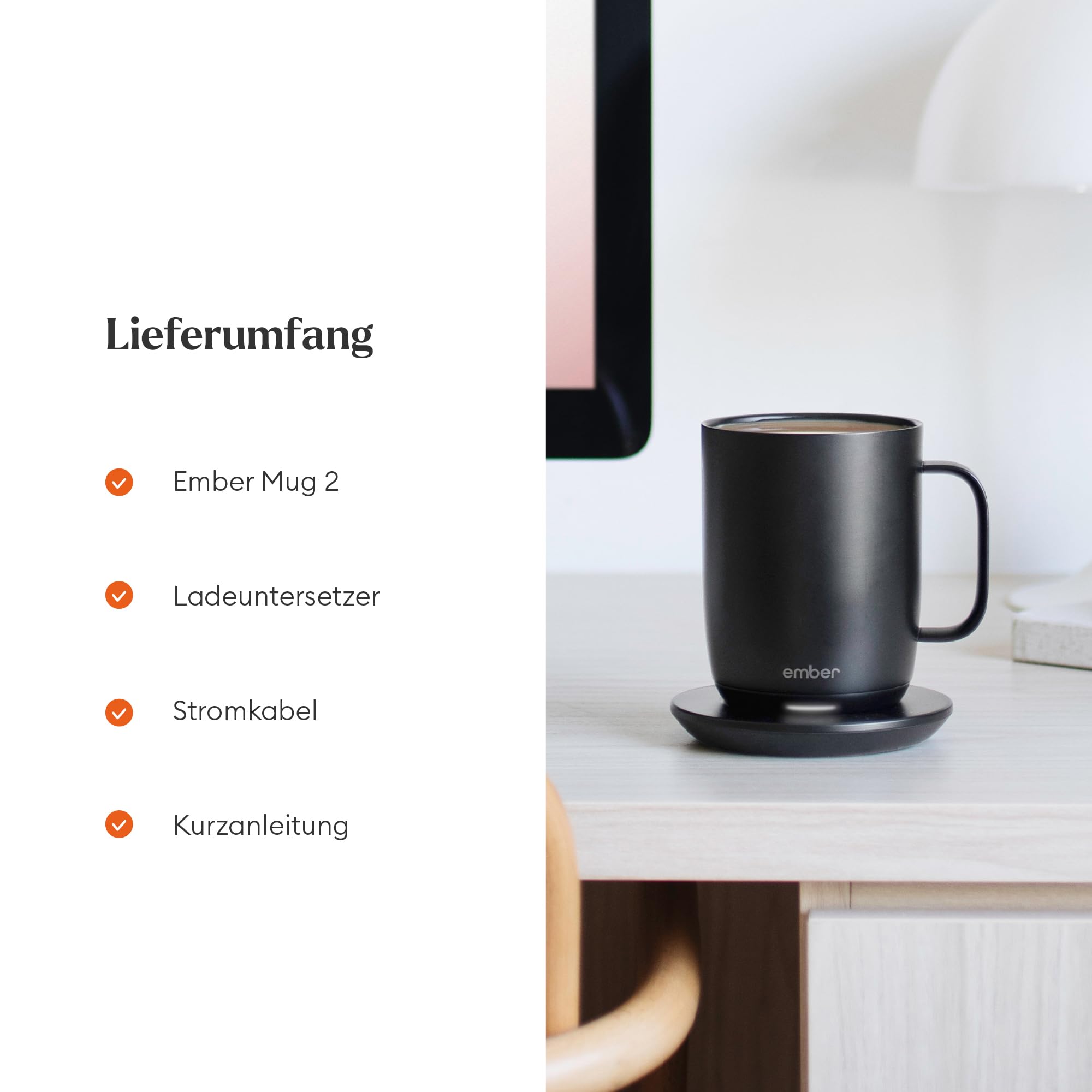 Ember Smart Mug 2 mit Temperatureinstellung – 414 ml, per App steuerbar, wiederaufladbarer, aufheizbarer Kaffeebecher mit Intelligent LED Display, 80-Minuten-Akku und verbessertes Design, Schwarz | App-gesteuerte beheizte Kaffeetasse mit 80 Min