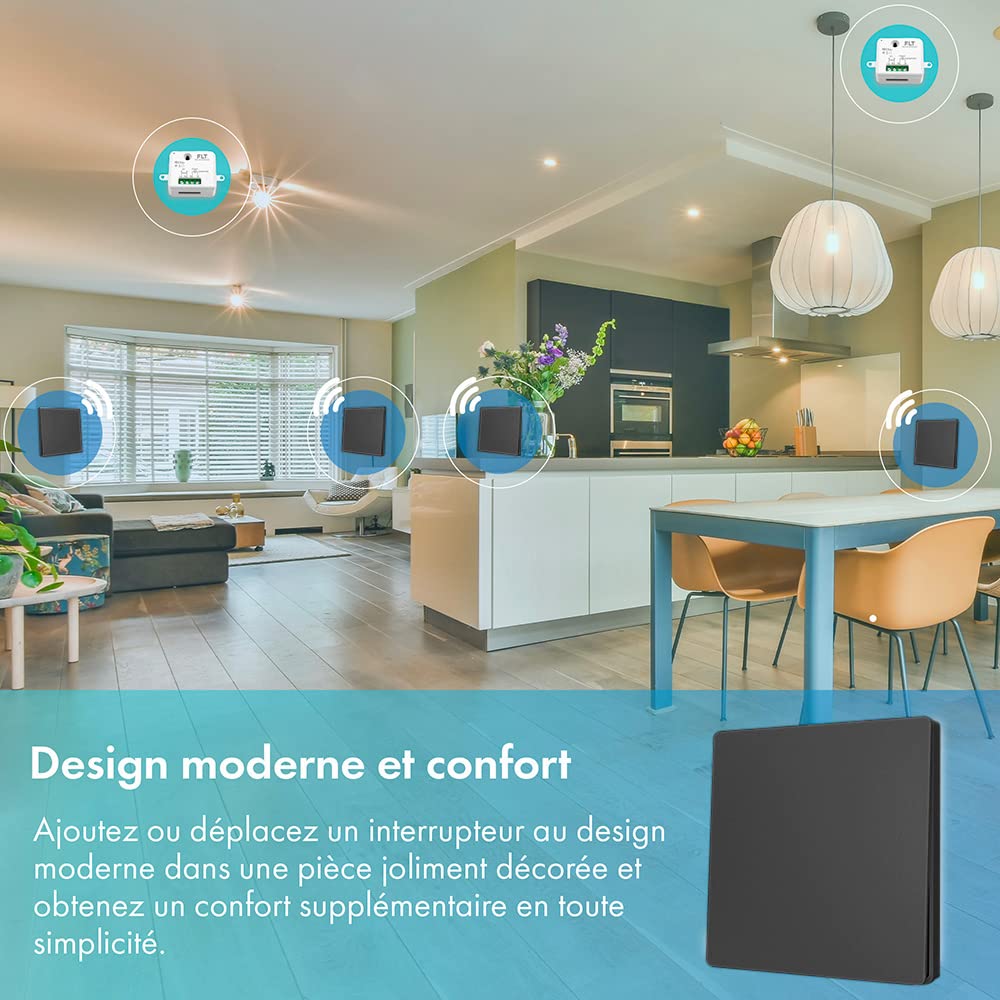 Interrupteur sans fil et sans pile Auto alimenté - Écologique - Qualité Pro - Va et vient RF 4 télécommande mural + 1 relais radio encastrable - Longue Distance - Intérieur Extérieur IP64