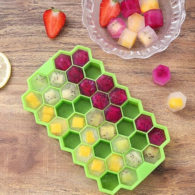 Image of Pack of 2 Flexible Silicone Shape Honeycomb 37 Cavity Ice Cube Mould Tray for Freezer, Chocolate Cake Maker, Ice Trays for Chilled Drinks, Reusable Color May Vary