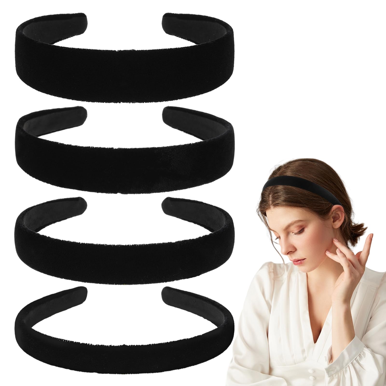 Puedno 4pcs Black Velvet Padded Headband for Women & Teen Girls, No Teeth, Plain Thick Headbands, Hoops, Velvet Hair Band