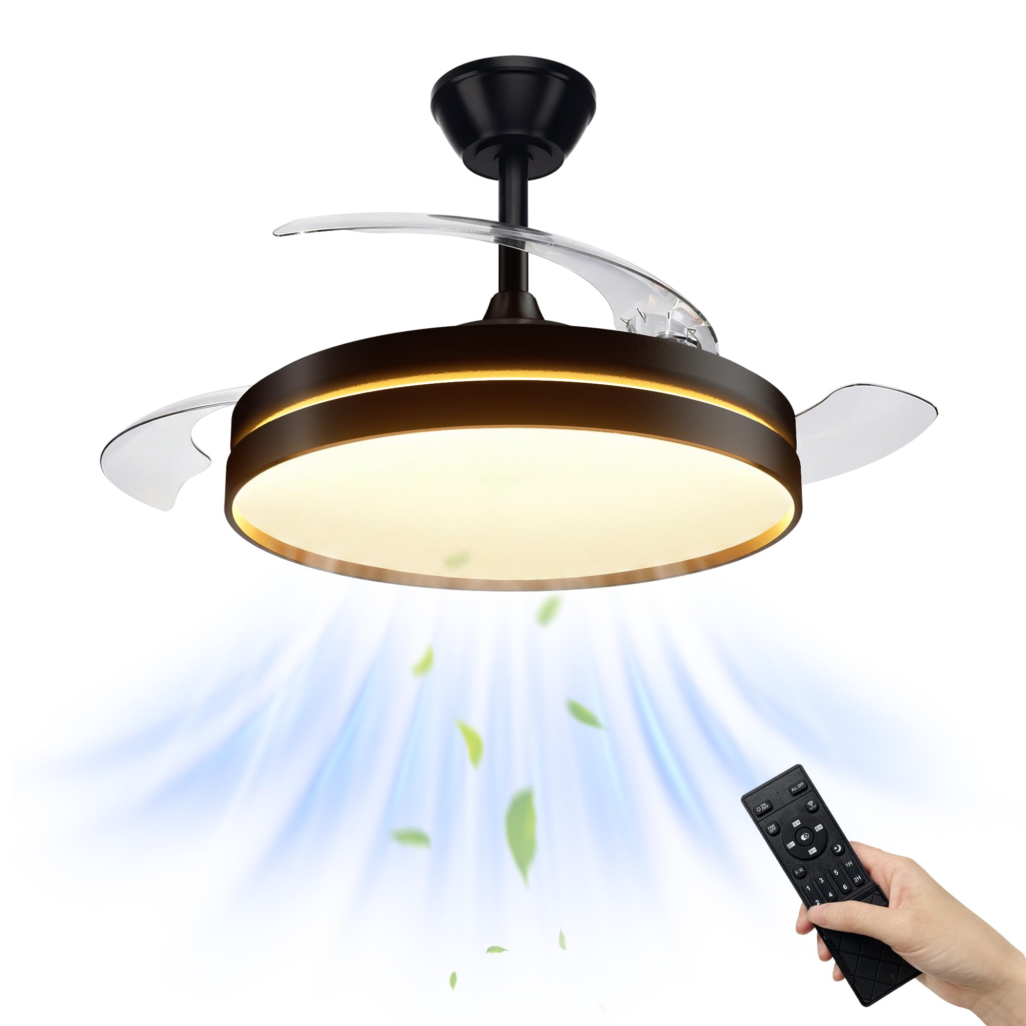 NIORSUN Ventilador de techo con luz,42" (106cm) Ventilador de techo,3 tonalidades, aspas desplegables, 40w 6 velocidades, APP&control remoto, Función Verano-Invierno,Negro
