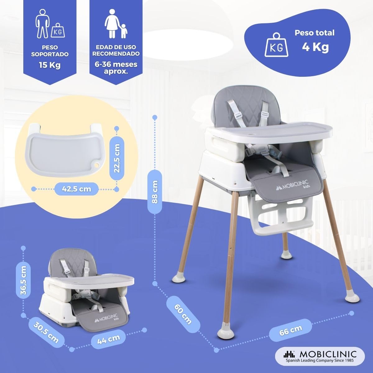 Mobiclinic® kids, Trona bebé evolutiva, 3 en 1, Kiara, Elevador + silla de juegos alta, Plegable, Arnés con 5 puntos, Bandeja ajustable, 6-36 meses, Hasta 15 kg, Textil impermeable