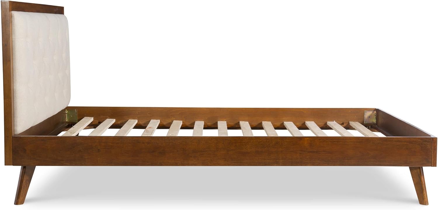 Linon Moore Mid Century Upholstered Platform Queen Bed Frame in Brown Wood