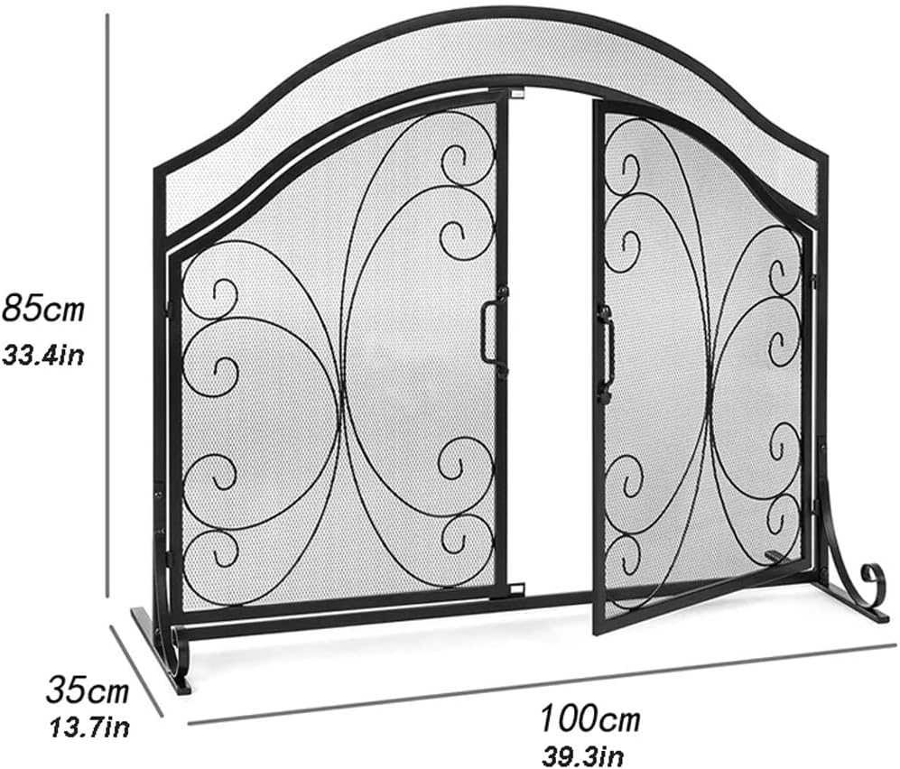 Wrought Iron Fireplace Screen with Door - 39.3"x33.4" Decorative Spark Guard, Durable Floor Stove Fence for Home, Elegant Front Partition Safety Cover