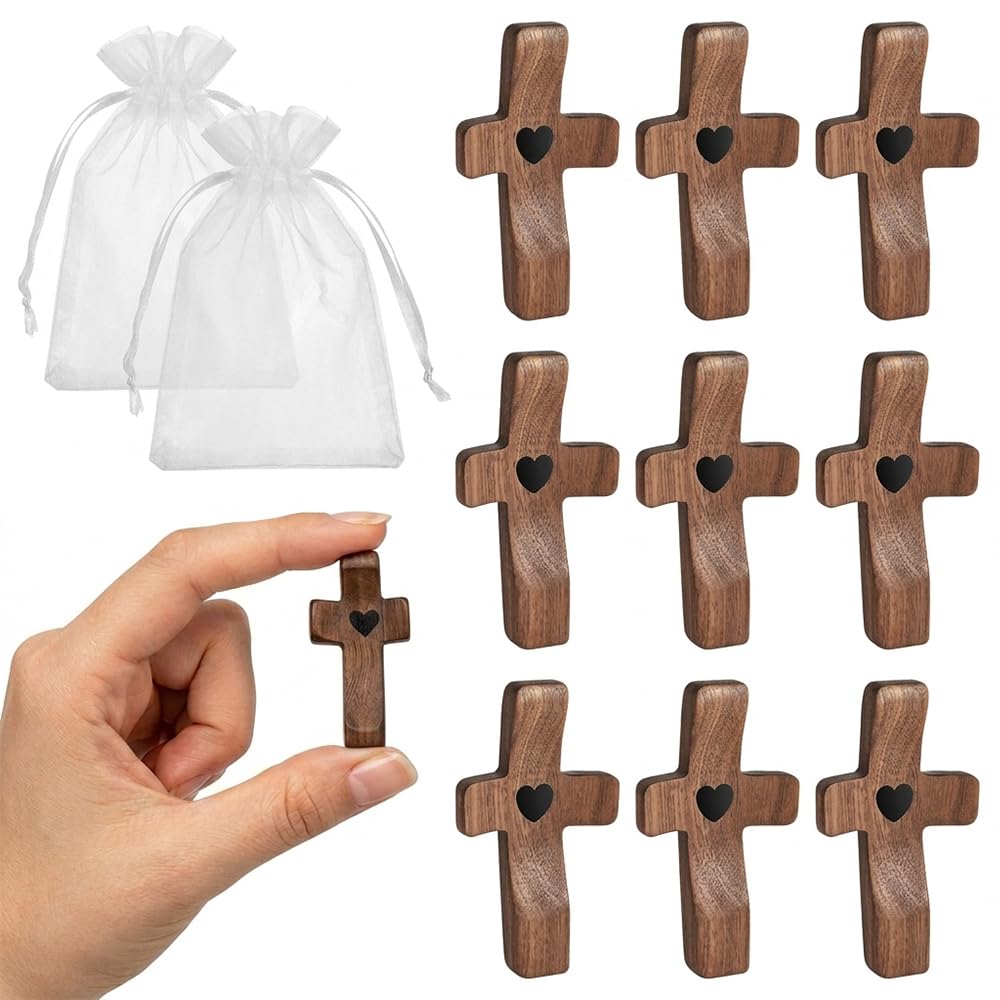 Small Wood Cross10 Pack Wooden Holding Crosses with White Drawstring Gift Bags, Small Hand Comfort Prayer Pocket Cross Set for Christian Favours, Baptism, Christening, Confirmation & Bereavement Gifts