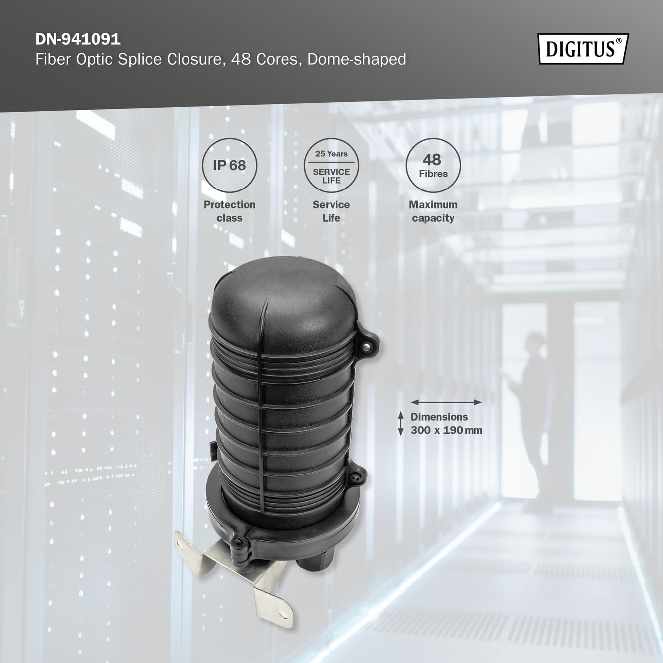 DIGITUS FO chiusura di giunzione a cupola - per 48 fibre ottiche - classe di protezione IP68 - protezione antierosione - chiusura di giunzione - nero