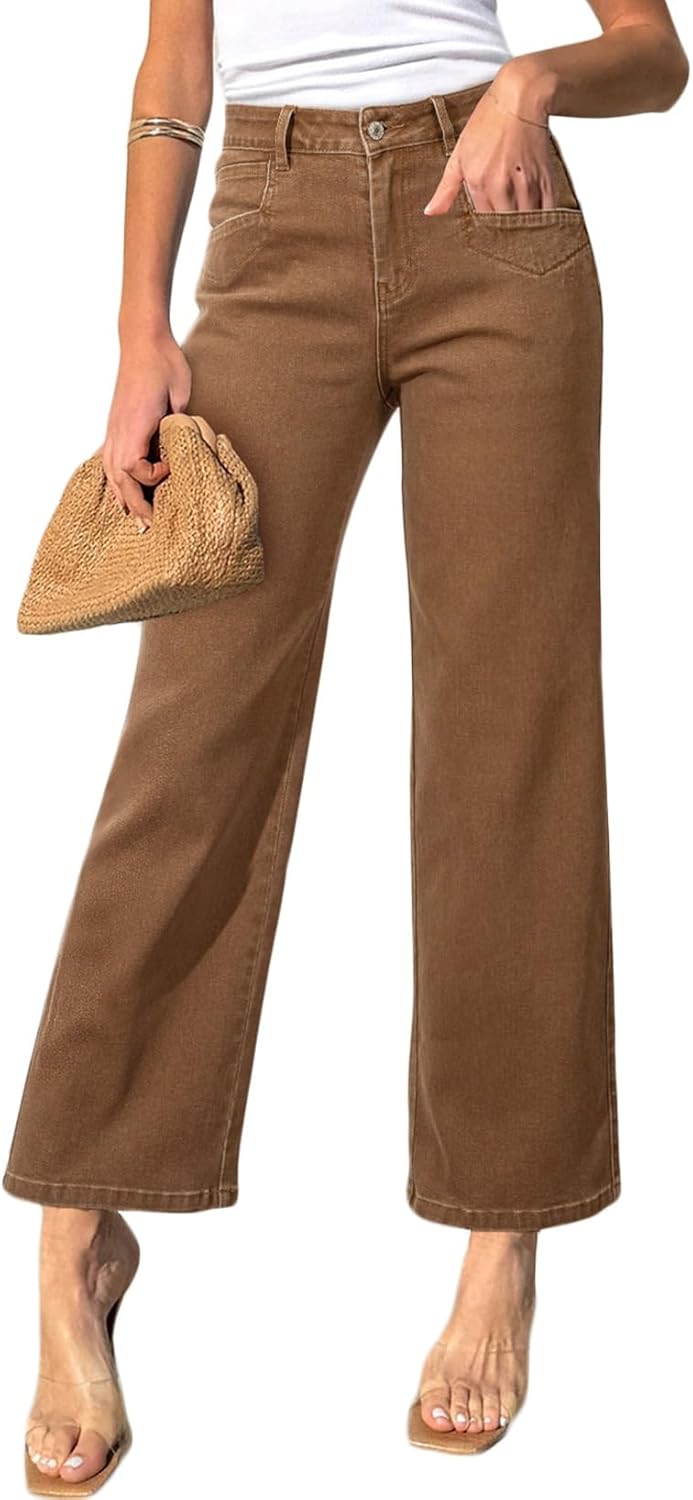 Sidefeel Women’s Wide Leg Jeans High Waisted Stretchy Jeans Straight Leg Zimbaplatinum Ankle Denim Pants with Slant Pockets