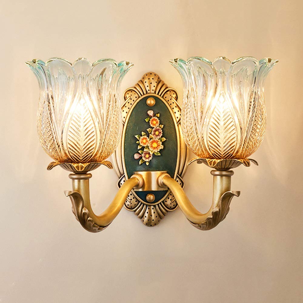 HPTHLY Wall Mounted Light Indoor Wall Light Kitchen Wall Lamp Dining Room Wall Sconce Bar Wall Lantern Living Room Cafe Bedside Bedroom Restaurant Brass Glas(2Lights)