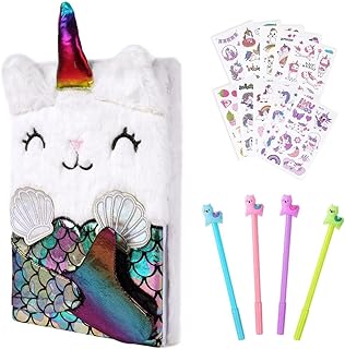 OFFCUP Plush Secret Diary, Plush Mermaid Notebook, Plush Girl Notebook Alpaca Plush Notebook Mermaid Journal Plush Mermaid Notebook With with 10 Tattoo Stickers and 4 Gel Pens