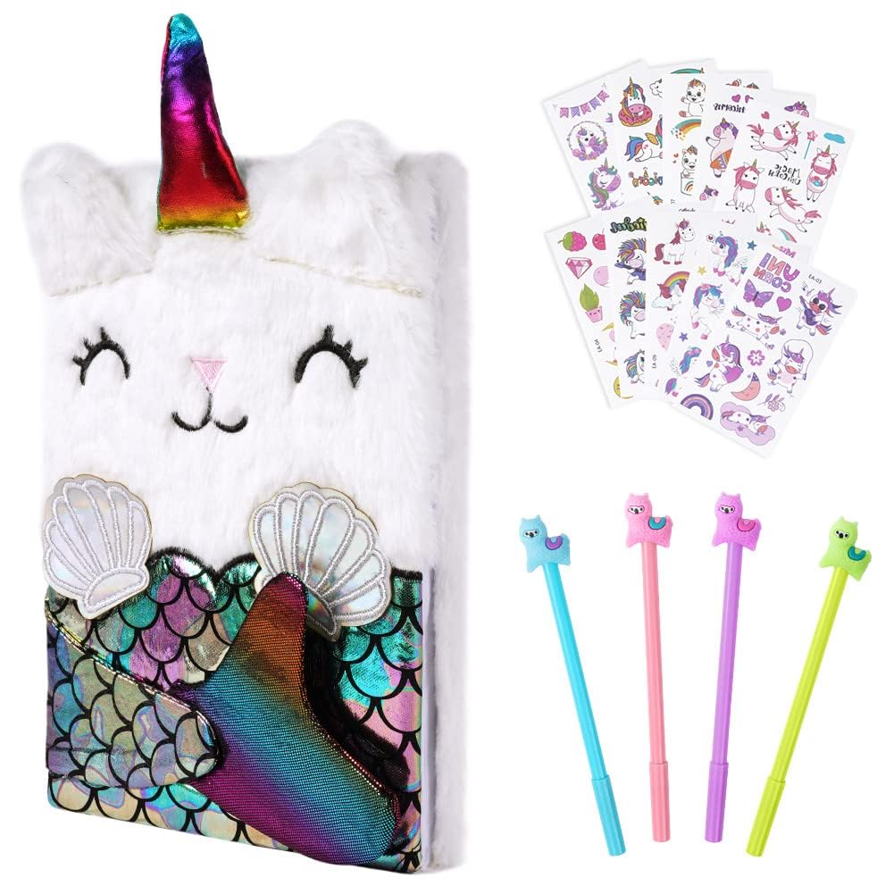 OFFCUP Cuaderno de Felpa Niña, Sirena Diario Secreto con 4pcs bolígrafos y 10pcs Lindas Pegatinas, Papelería de Peluche Set, Aplicable a Niña Regalos de Cumpleaños