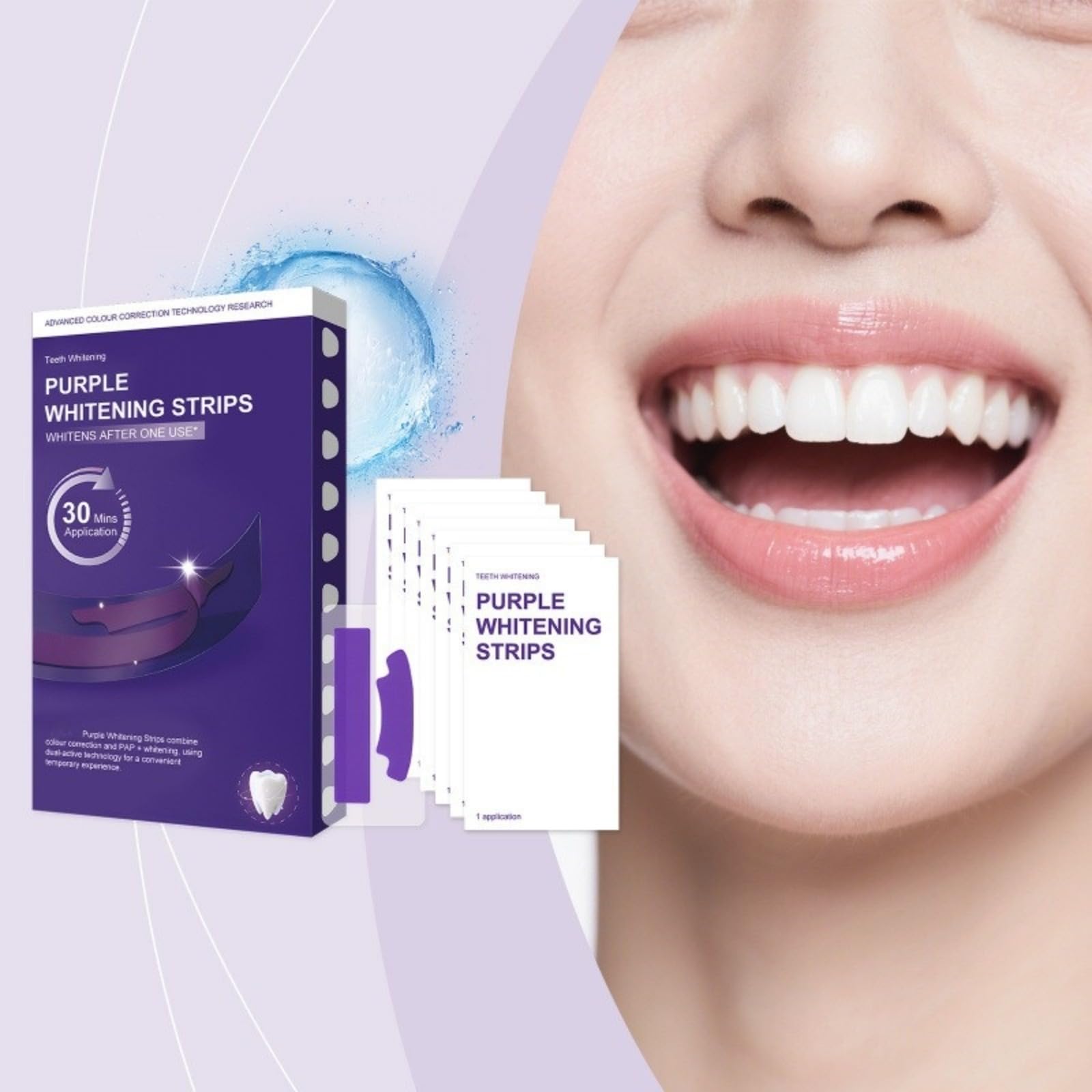 Strisce sbiancanti viola per denti, eliminano le macchie, illuminano il colore in 30 minuti, uso rapido a casa, senza perossido