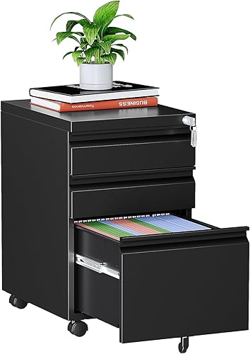 MIIIKO Archivador de 3 cajones sobre ruedas, gabinete de archivos móvil para oficina en casa debajo del escritorio, archivadores de metal Negro