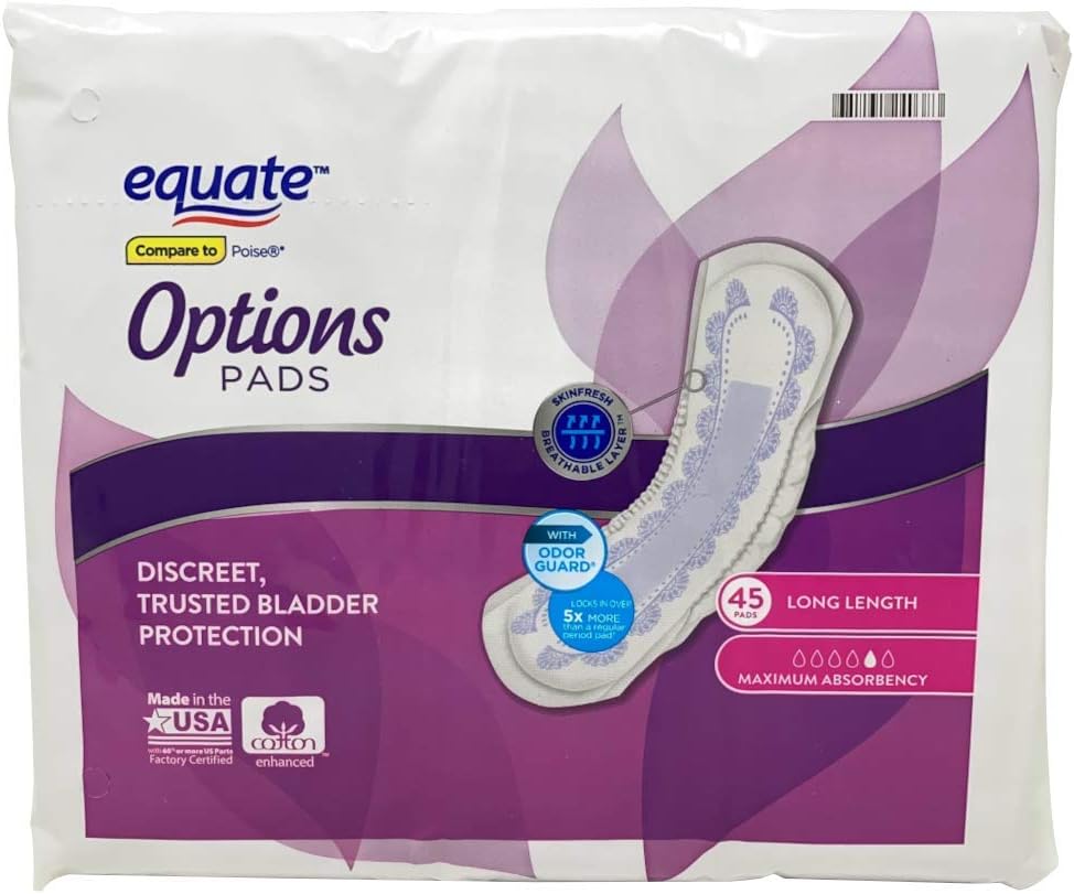 EquateOptions Maximum Absorbency Long Length Incontinence Pads, 45 Count