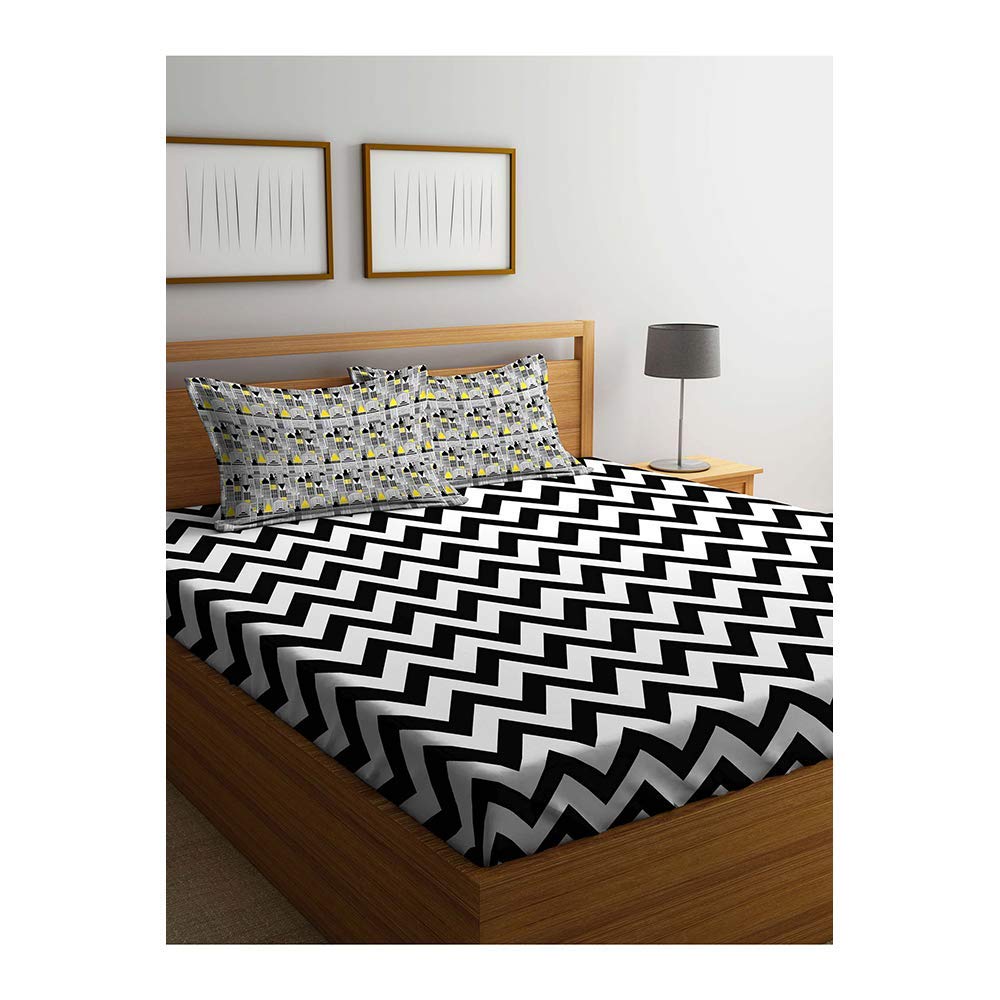 Buy Portico Stripe Double Fitted Bed Sheet with Pillow Cover_Black_Free