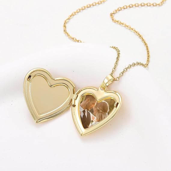 Personalised Locket Necklace with Picture Inside - Custom Photo Heart Locket Necklace with Engraved Text, Personalised Jewellery Gifts for Women and Girls