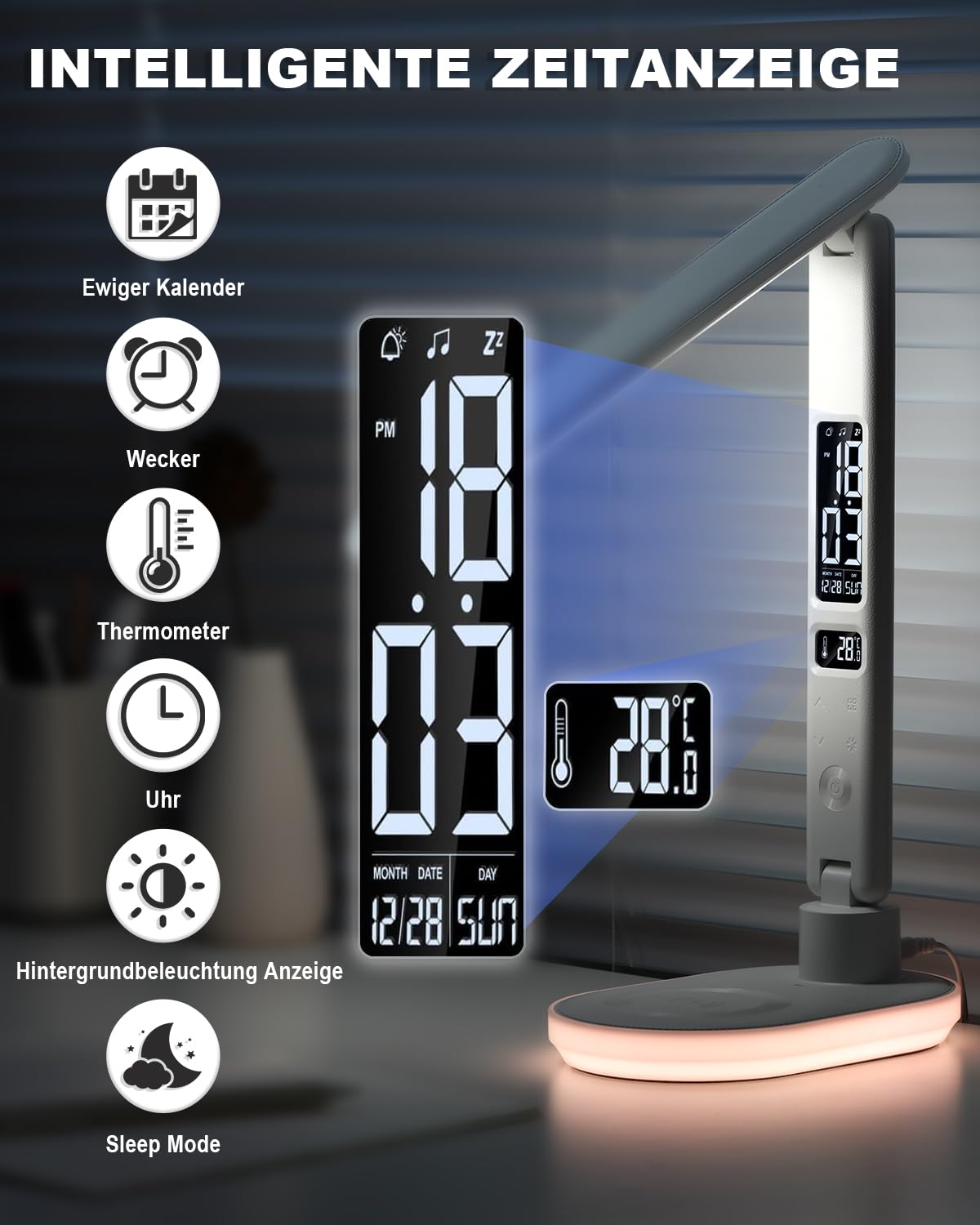 Lampada da Tavolo con Caricabatterie Wireless da 10W, Ricarica USB, 3 Colori e 5 Livelli di Luminosità, Lampada da Tavolo Touch Control con Temperatura Orologio RGB per Cameretta, Ufficio