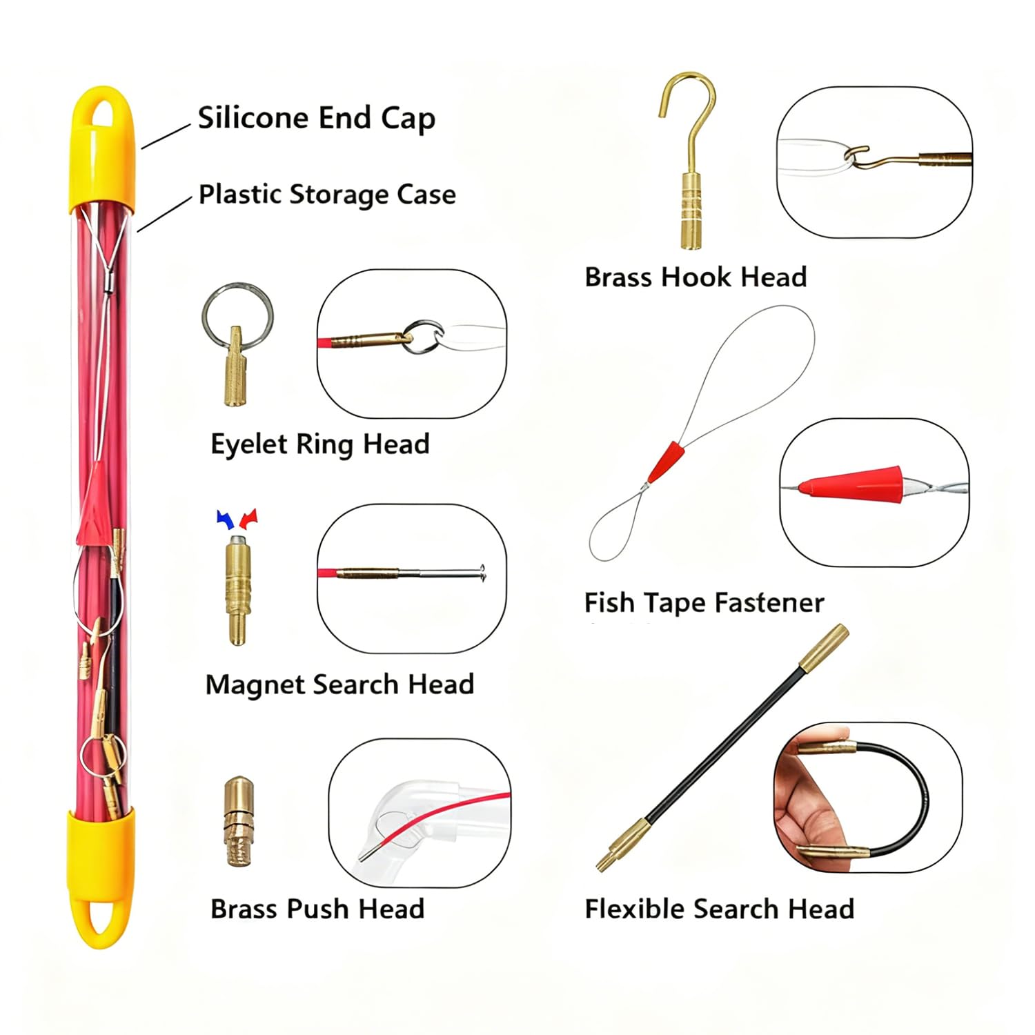 Sonda Passacavi Professionale,4MM 33CM 10 Aste di Sonda Elettricista per Guaine Vuote, TOOSOAR Flessibili Dispositivo di Trazione per Cavi, Rosso