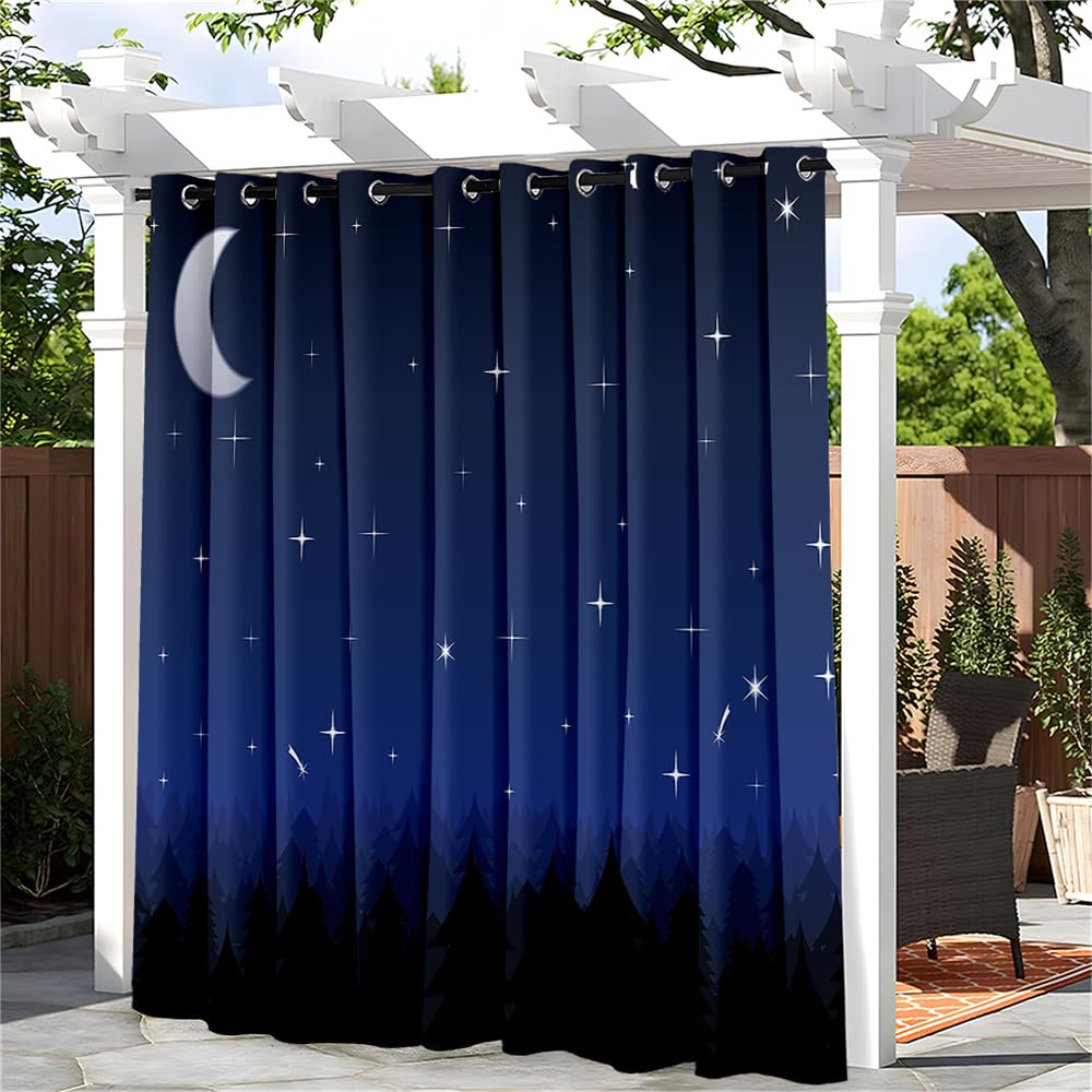 Hiseng Waterproof Outdoor Curtain for Patio Pergola, Sunshade Blackout Thermal Insulated Curtains with Eyelet Top for Garden, Gazebo, Porch, 1 PANEL, 3D Moon Starry Sky (Blue 1,52x72 in)
