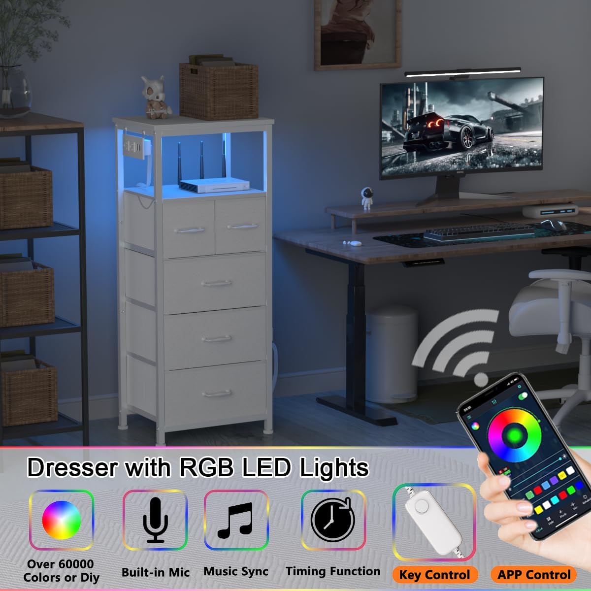 Furnulem Black and White Dresser for Bedroomwith with LED Lights and Charging Station