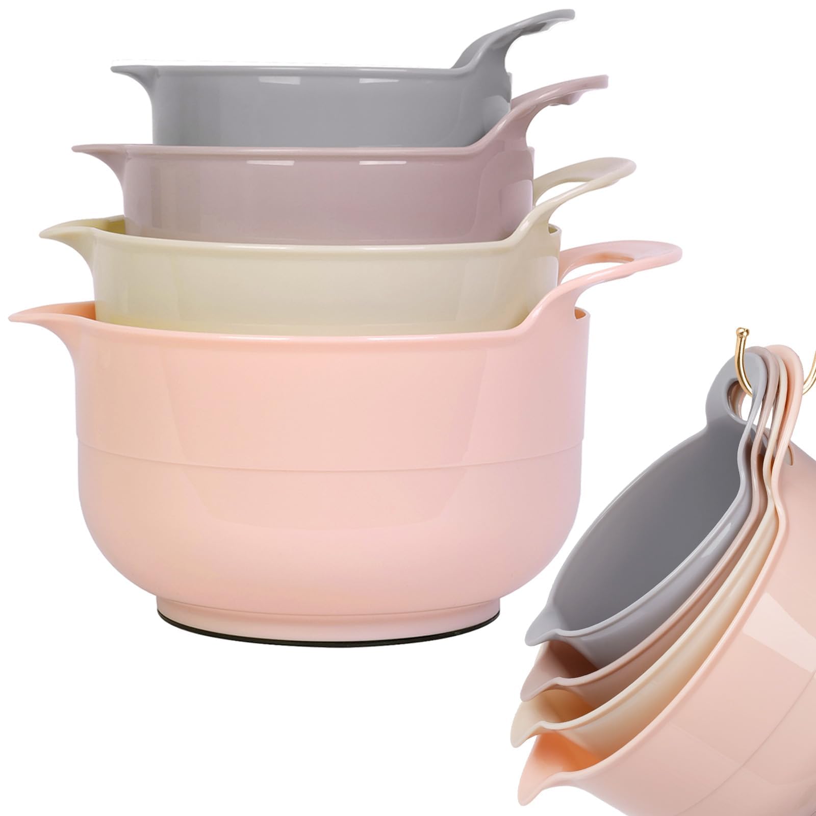 BoxedHome Nesting Plastic Mixing Bowl Set with Pour Spouts and Handles - Non Slip Bottom, BPA free Microwave & Dishwasher Safe(Khaki Pink, 4 Pack)