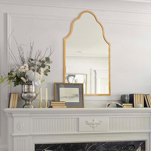 Miniatura 7 de Chende Espejo arqueado para decoración de pared, espejo de pared dorado de 32 x 20 pulgadas para baño, elegante espejo festoneado para sala de