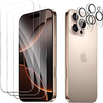 3 Pack Screen Protector for iPhone 16 Pro+2 Pack Camera Lens Protector, Tempered Glass Film, Ultra HD 9H Hardness Case Friendly Anti Scratch Bubble Free Ultra Resistant