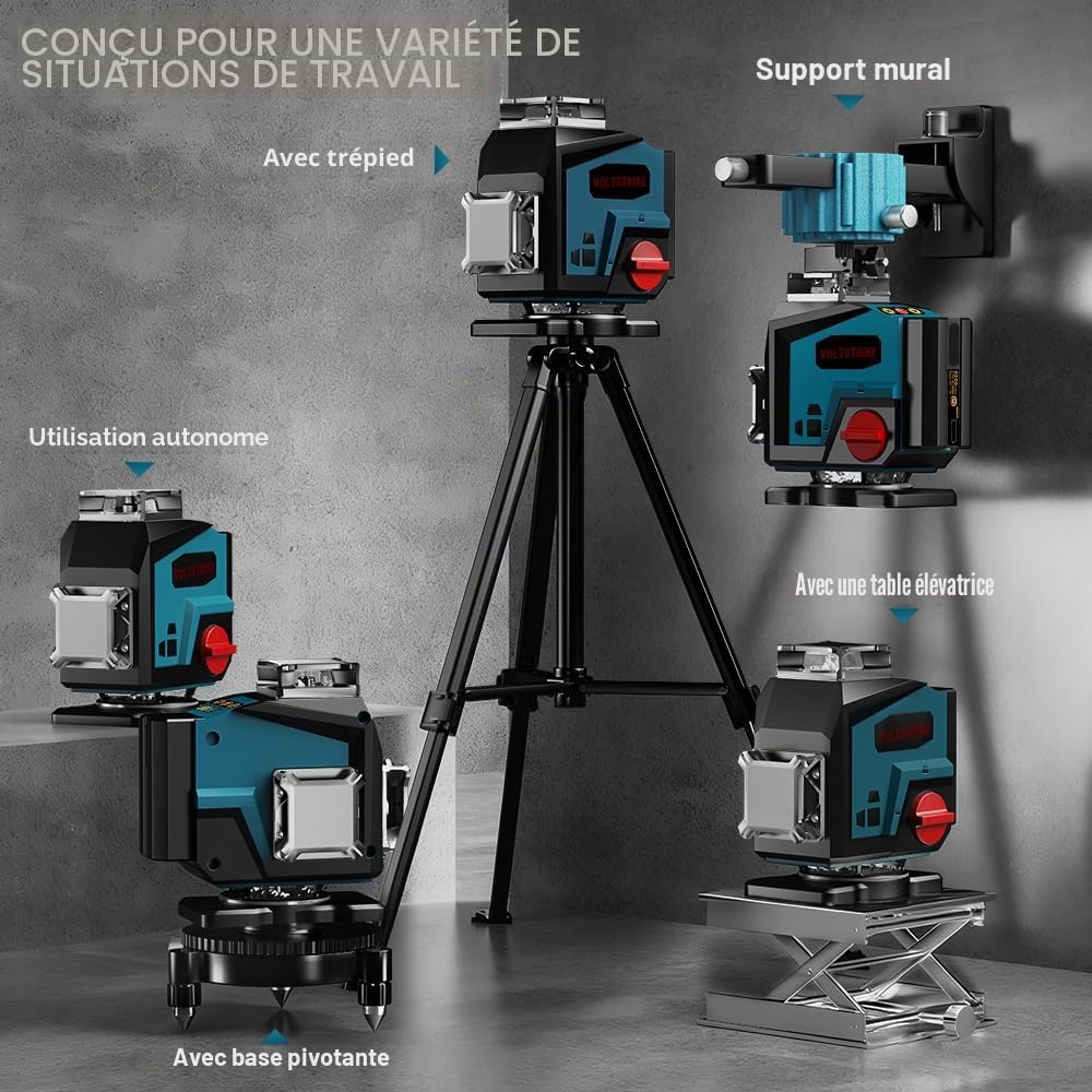 Niveau Laser Autonivelant 360° x 4, Laser Chantier Avec trépied, 4D 16 Lignes Lazer Niveaux Vert, 2 Batteries Lithium 5200mAh et Télécommande, Pour Décoration de Maison, Construction de Bâtiments