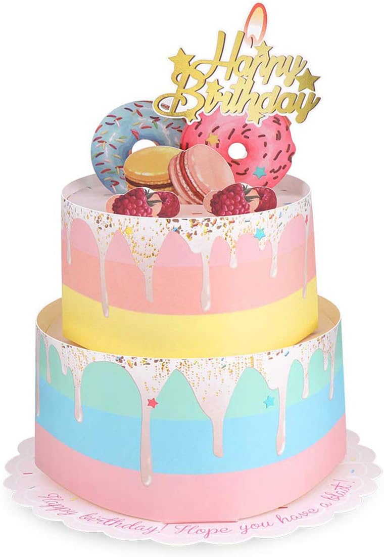 Pop Up Birthday Card Paper Wonder Cake Happy Birthday Greeting Card for Women and Kids - Gold Embellishments with Colorful Macaron Grapes Donut Design