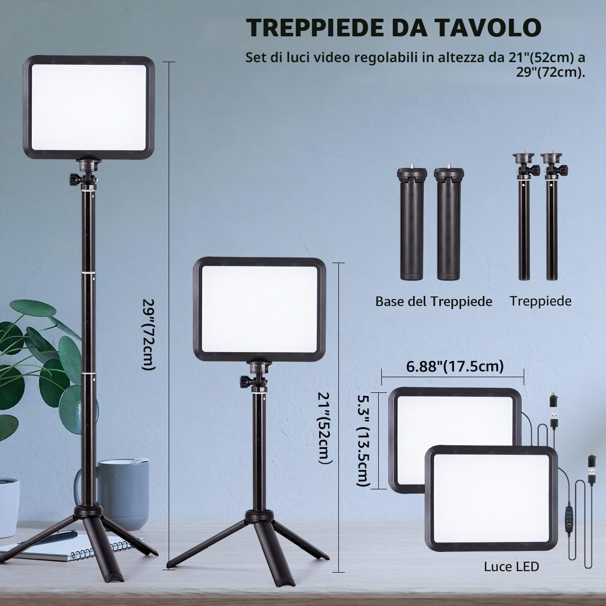 Kit di illuminazione per fotografia, 2 confezioni di luci video da tavolo a LED 2800K-6500K per riprese/zoom/giochi/streaming/TikTok, luce dimmerabile da 14 * 18 cm con 40-60 cm treppiede NV-8InTPLT2P