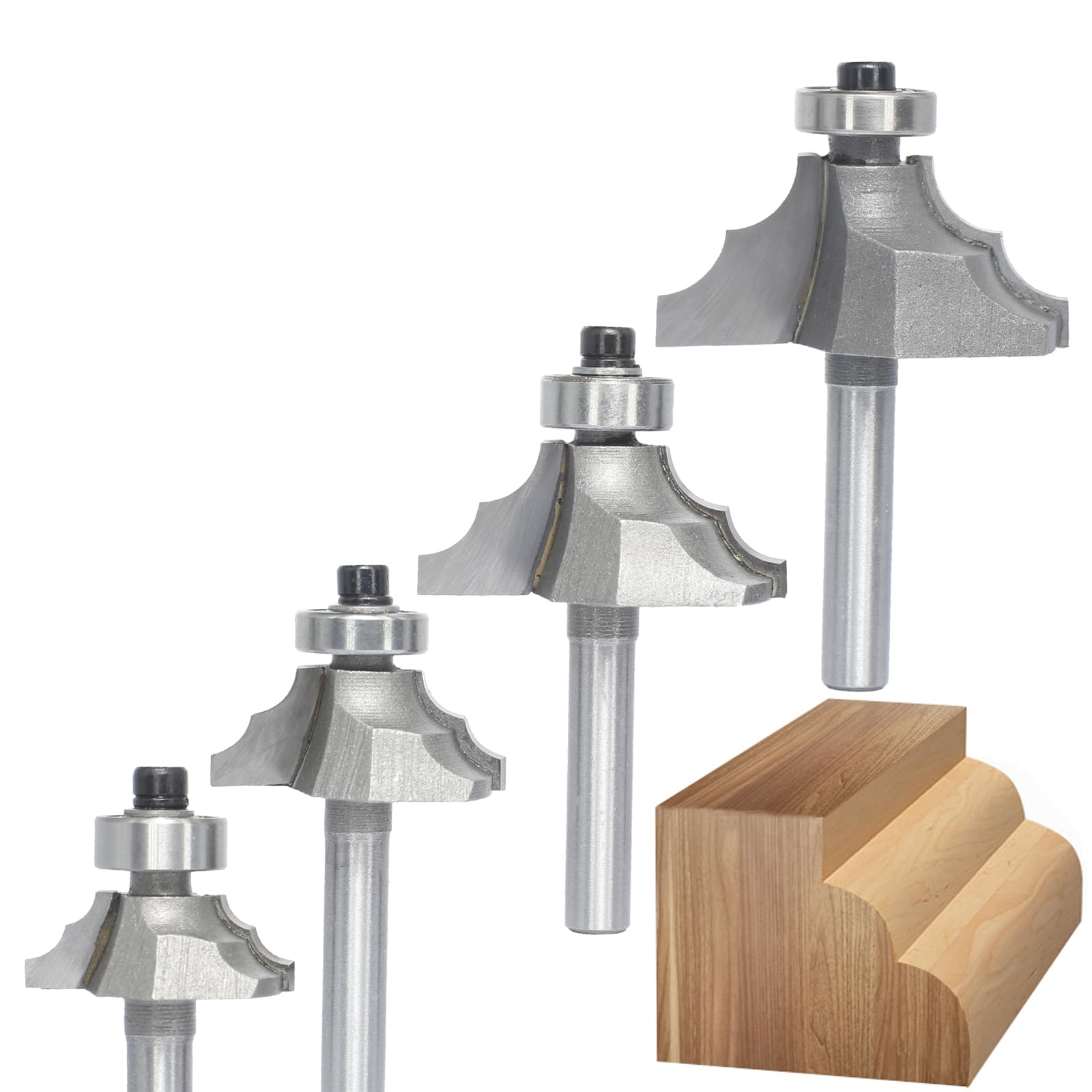 Akylin 4Pcs Bearing Guided Bead Ovolo Bit Set,1/4" Shank Decorative Edge Bits with Double Round,Rounding Over Radius 3.2mm, 4mm, 5.5mm, 6.35mm, for