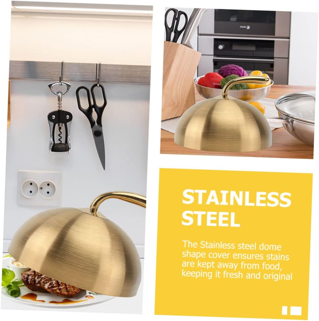 MAGICLULU Luxury 20cm Stainless Steel Steak Dome Cover Thickened Oil-Proof Food Protector for Kitchen BBQ Sturdy Gold Non-Magnetic Dome Lid for Household Use