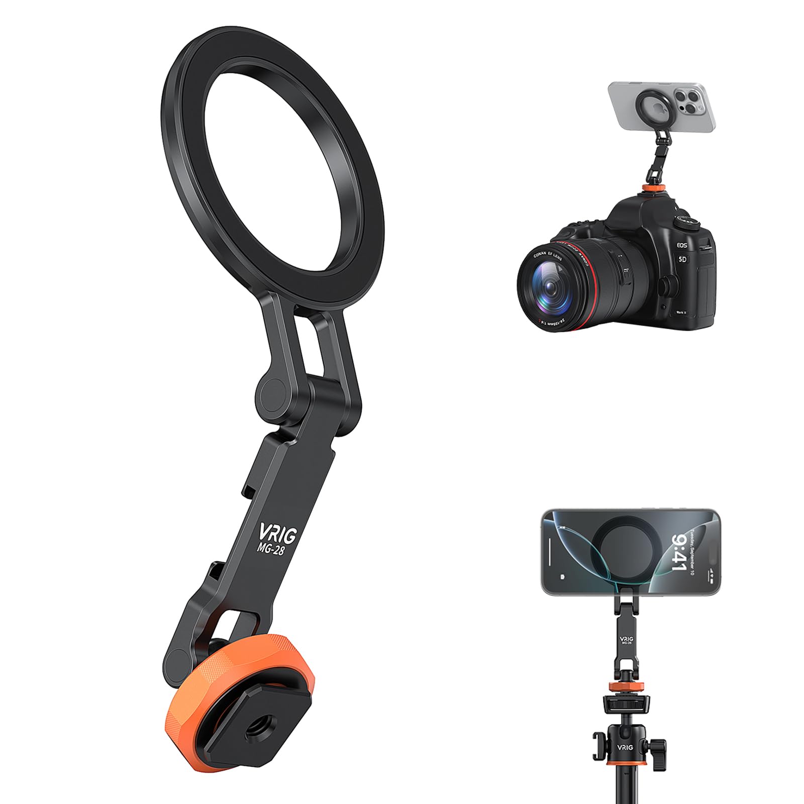 VRIG MG-28 Metal Phone Tripod Mount for magsafe, Magnetic Camera Mount for iPhone 17 16 15 14 13 12, 360° Rotation Adjustable Cold Shoe Phone Mount