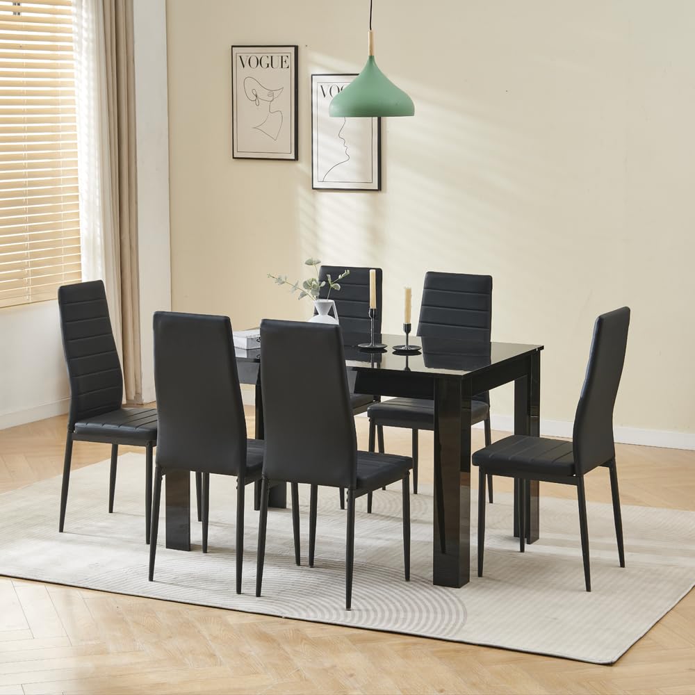 Menaka Wood Dining Table and Chairs Set Black of 6, Small Rectangular Kitchen Dinner Table with 6 Seaters (Line Black Leather Chairs, 120m high gloss black table, 6 seaters)