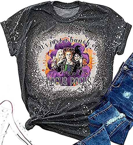It's Just A Bunch of Hocus Pocus T-Shirt Women Halloween Sanderson Sisters Bleached Shirt Fall Short Sleeve Tops (As Shown7, XL)