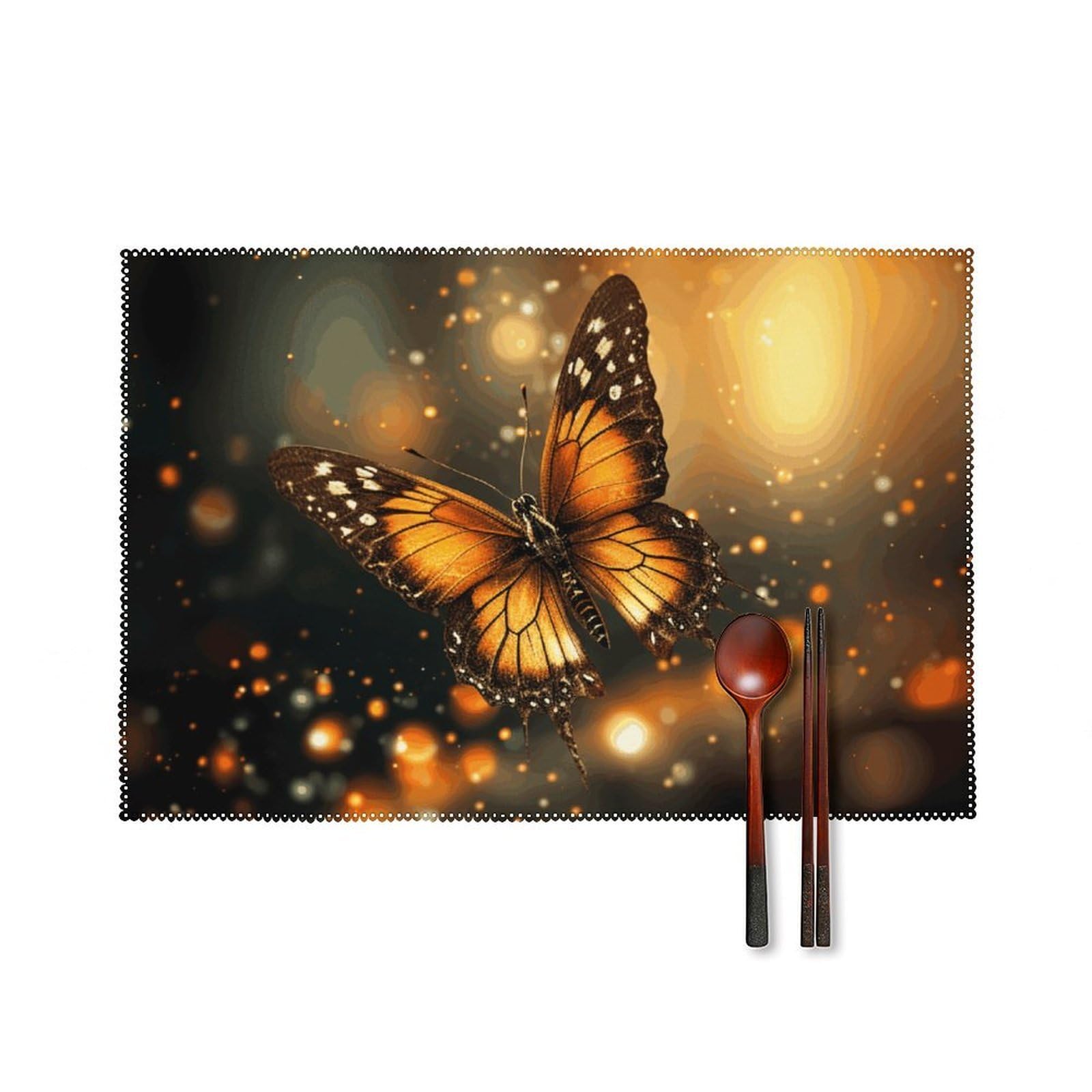 Orange Butterfly Placemats Set of 6, 12x18 Inch Heat Resistant Washable Canvas Table Mats, Stain Resistant Decorative Dining Placemats for Kitchen, Restaurant, Outdoor Party