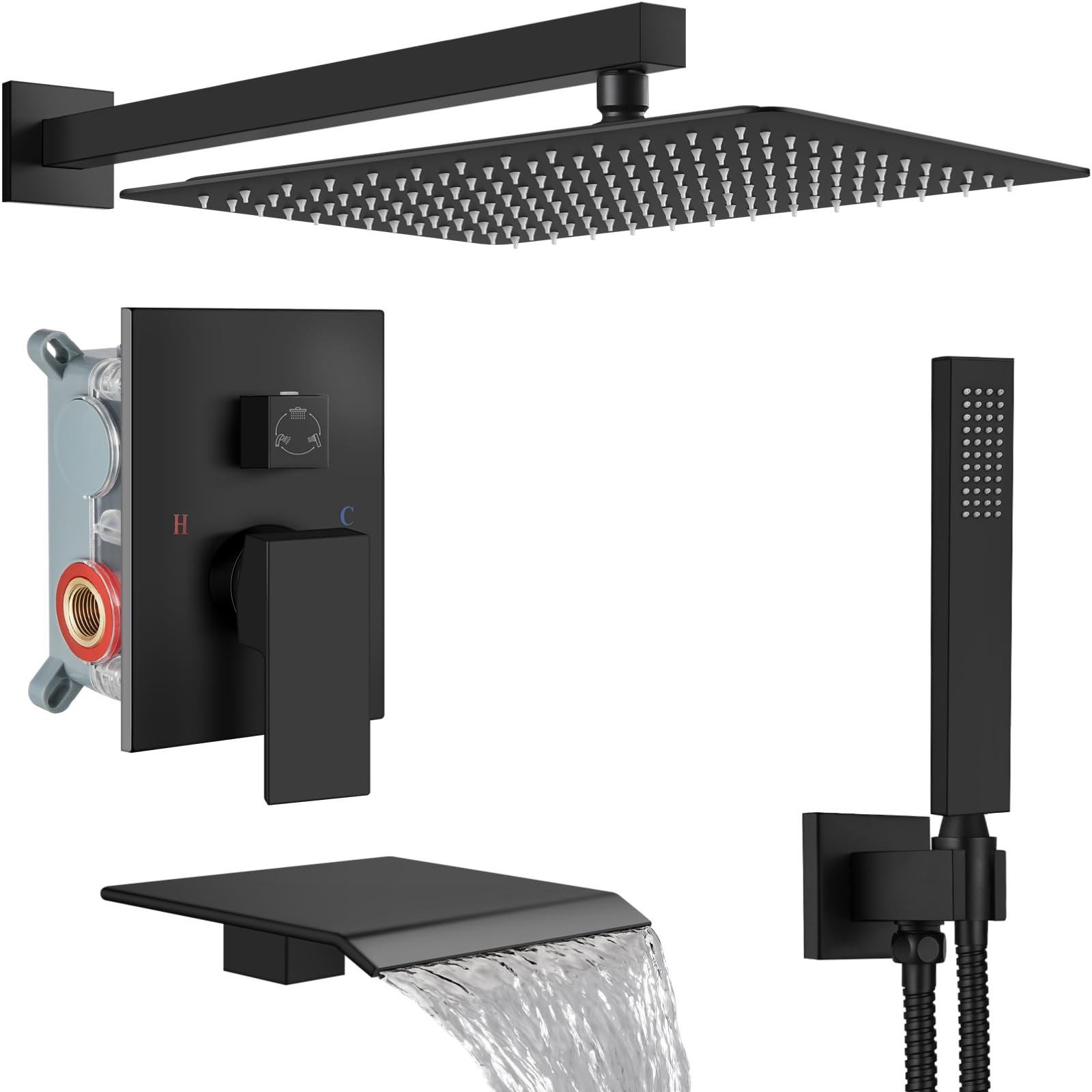 Sxithgkdw Matte Black Shower System With Tub Spout,Bathtub Shower Faucet Set With Square Rainfall Head And Handheld Sprayer Wall Mount Tub Faucet Set With Valve And Trim Kit,16 Inch