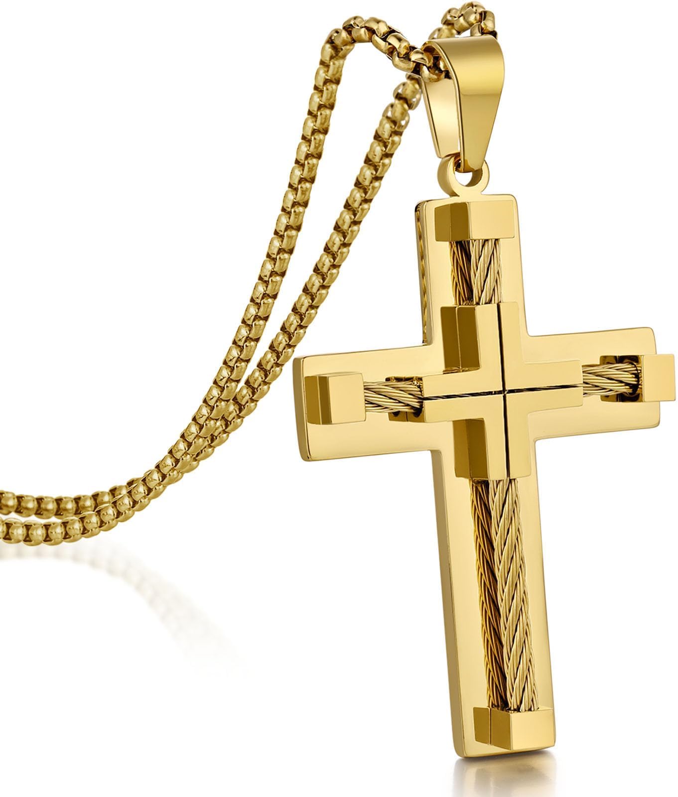 DowosDowos Cross Necklace for Men,Mens Cross Necklace,Stainless Steel Cross Pendant necklace for men,Jewelry Gifts for Men Boys, with Strong Stainless Steel Box Chain