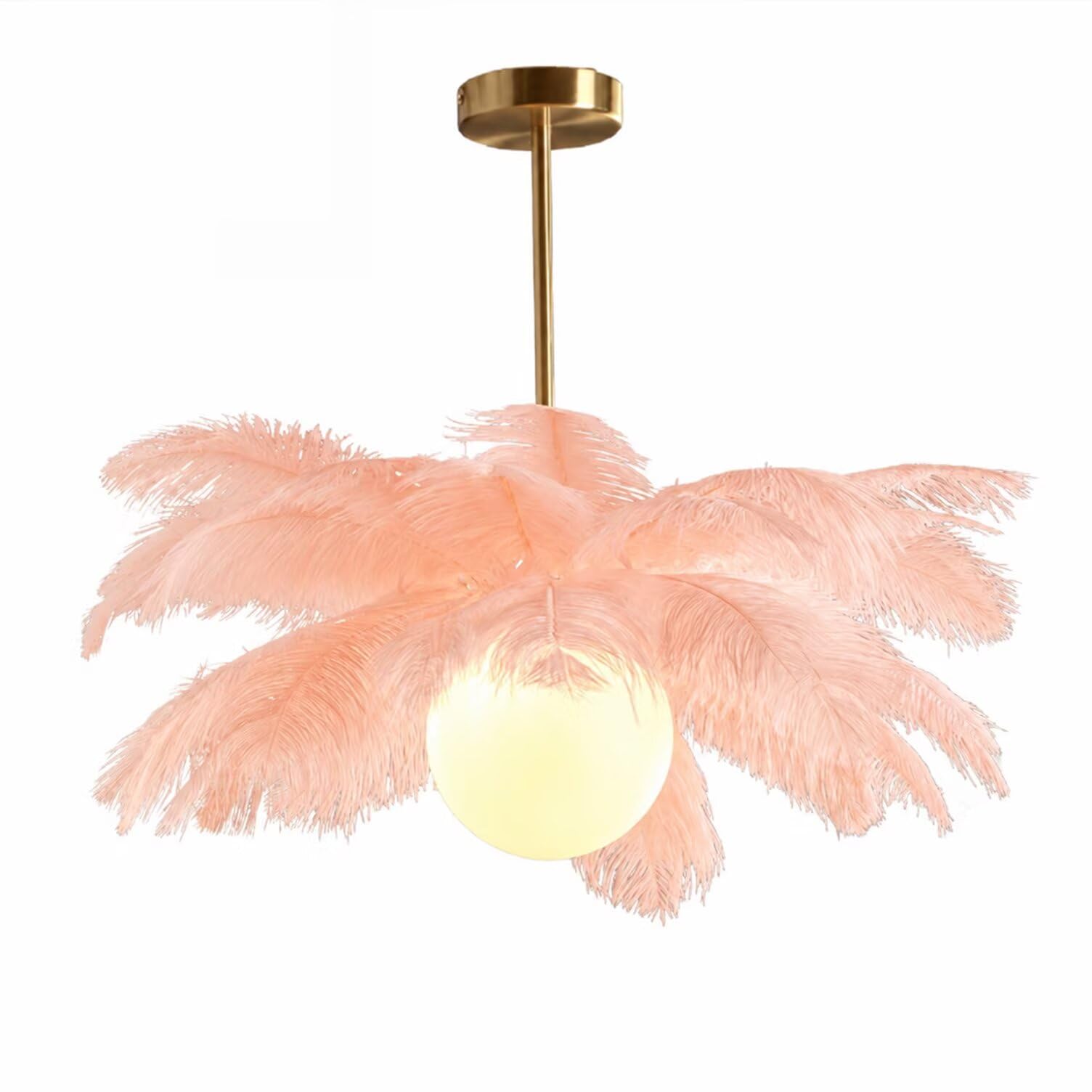 GUANSHAN Creative Flesh Pink Ostrich Feather Ceiling Lamp, Romantic and Aesthetic Feather Chandelier Pendant Lamp with Golden Base for Bedroom, Living Room, Corridor