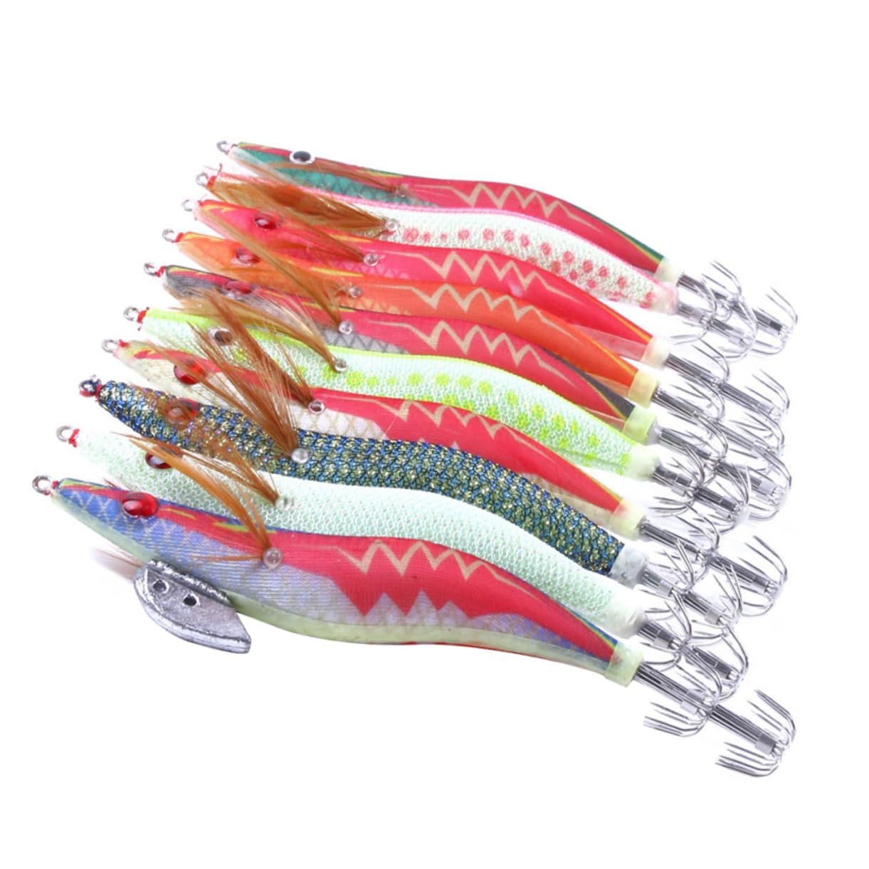 HANABASS Esca da Pesca Squid Fishing Hook Fosforescente, 10 Pezzi | Colore Verde Chiaro, Plastica, Circa 14x3x2 Cm, per Acqua Dolci e Salate