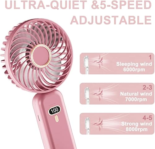 Jumyshe Ventilador de mano portátil, ventilador portátil recargable, 5000 mAh, ventilador de cuello de rotación de 90 , viento de 5 velocidades, Jumyshe Ventilador de mano portátil, ventilador portátil recargable, 5000 mAh, ventilador de cuello de rotación de 90 , viento de 5 velocidades,