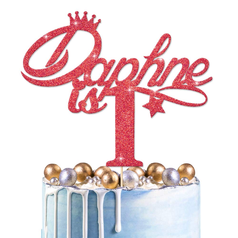 EDSG Personalised 1st Birthday Cake Topper | Customized Name Decor | Double Sided Glitter Card | Glitter Birthday Cake Decoration Hand Finished in UK (Red)