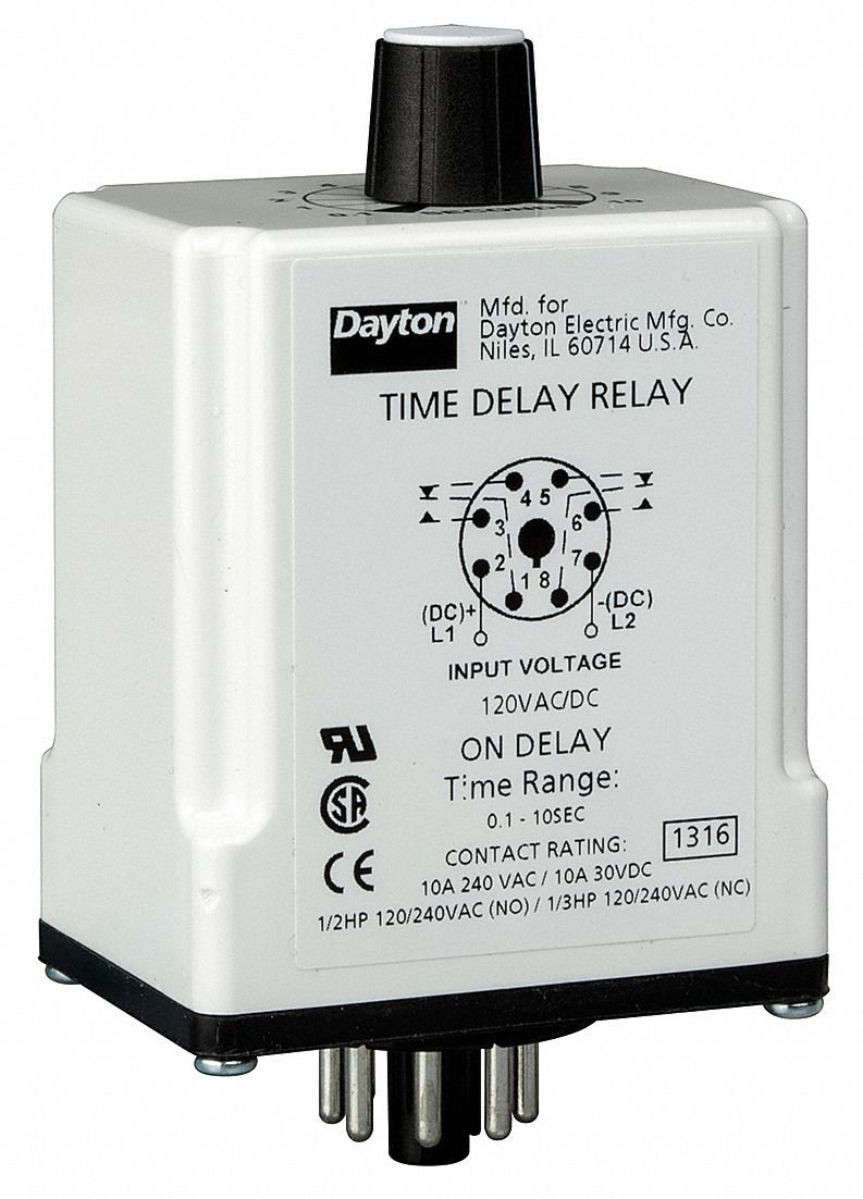 Dayton Single Function Timing Relay, 24VAC/DC, 10A @ 240V, 8 Pins, DPDT