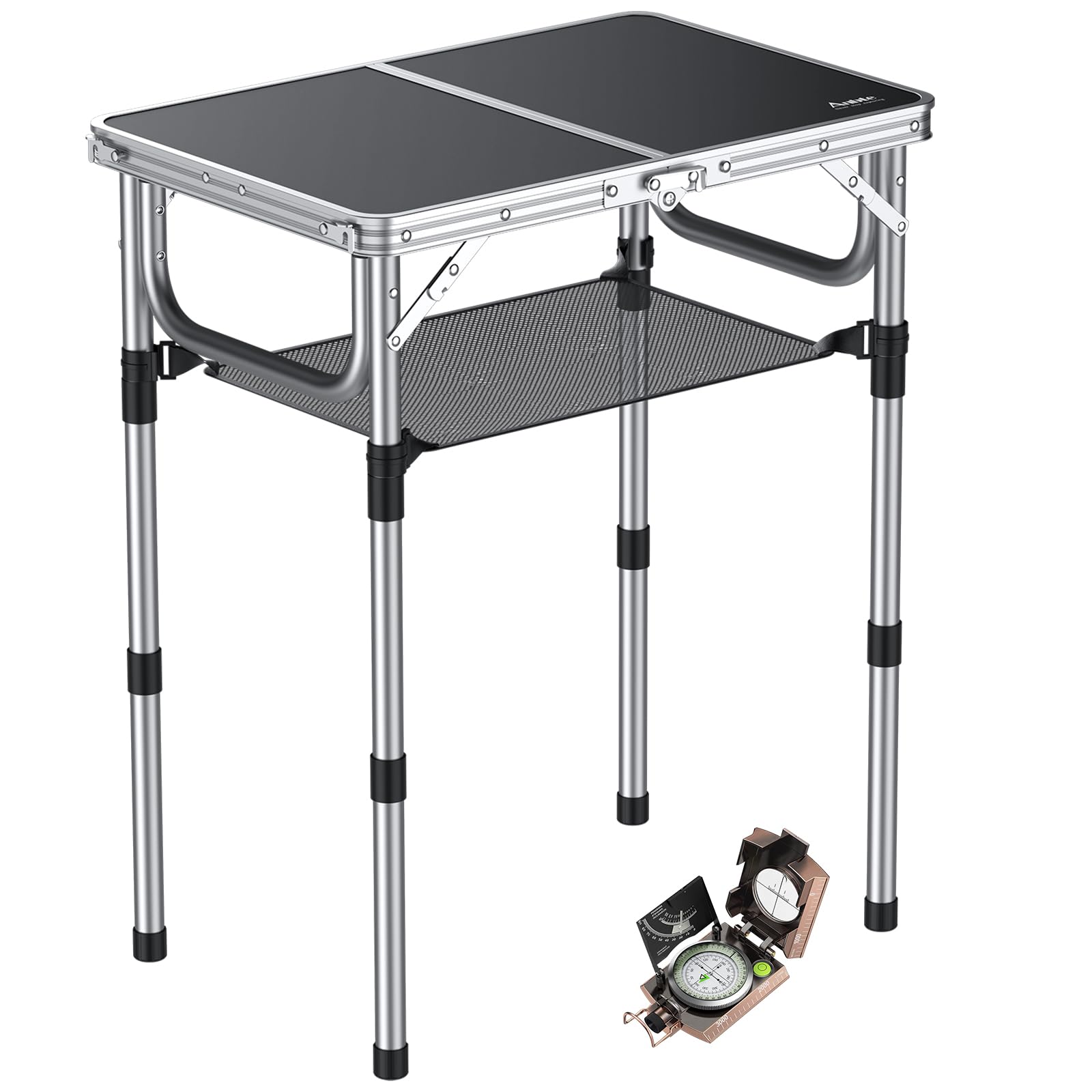 Anbte Mesa Plegable Camping 59x40x26/48/70cm Ajustable Altura y Brújula Profesional Impermeable IP65 con Clinómetro y Nivel de Brújula