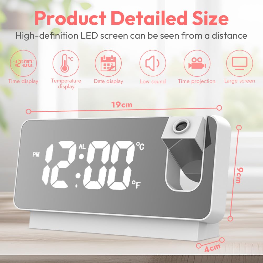 Sveglia digitale con proiezione, orologio digitale a LED, con data, temperatura, comodino, camera da letto, schermo extra grande, senza radiazioni, orologio digitale (bianco)