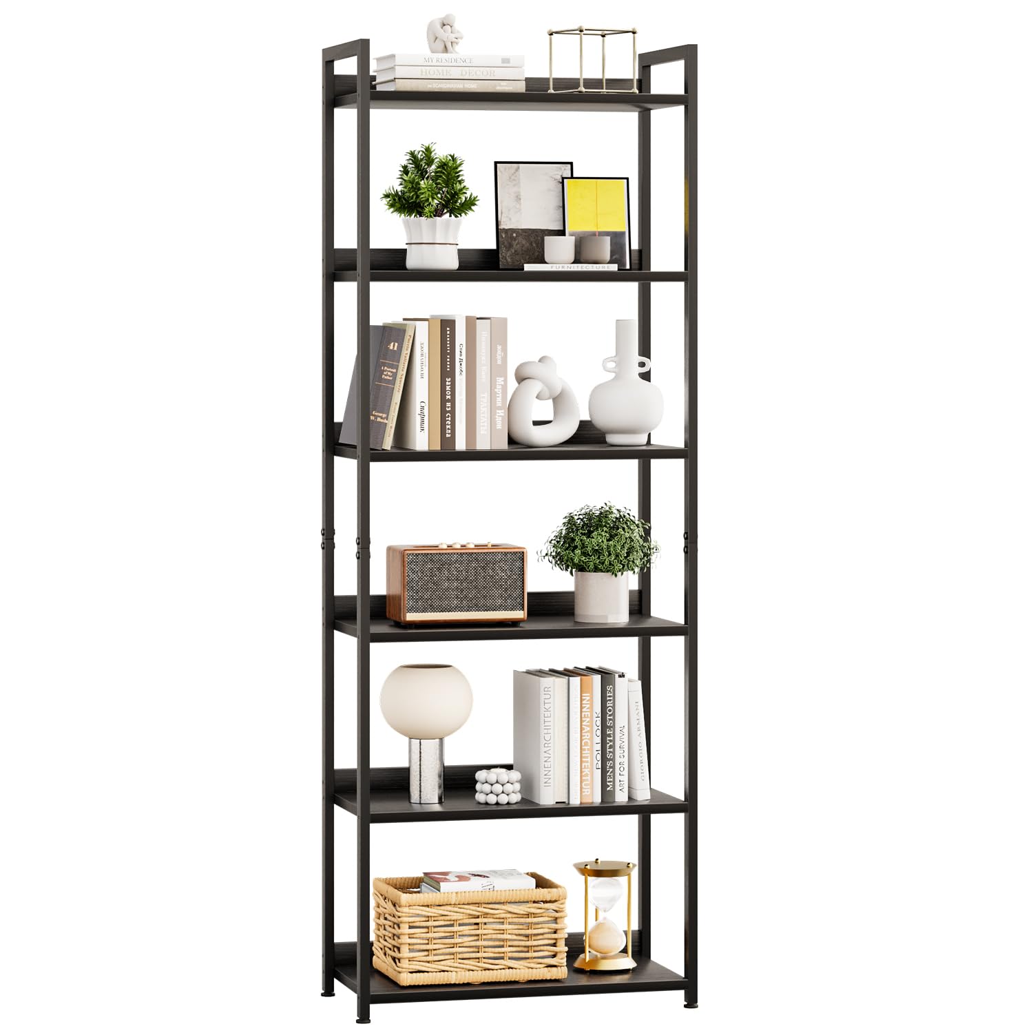 APPOLYN 6 Tier Bookshelf, Home Office Bookcase Shelf Storage Organizer, Floor Standing Storage Shelving Unit for Bedroom, Living Room and Home Office, Black