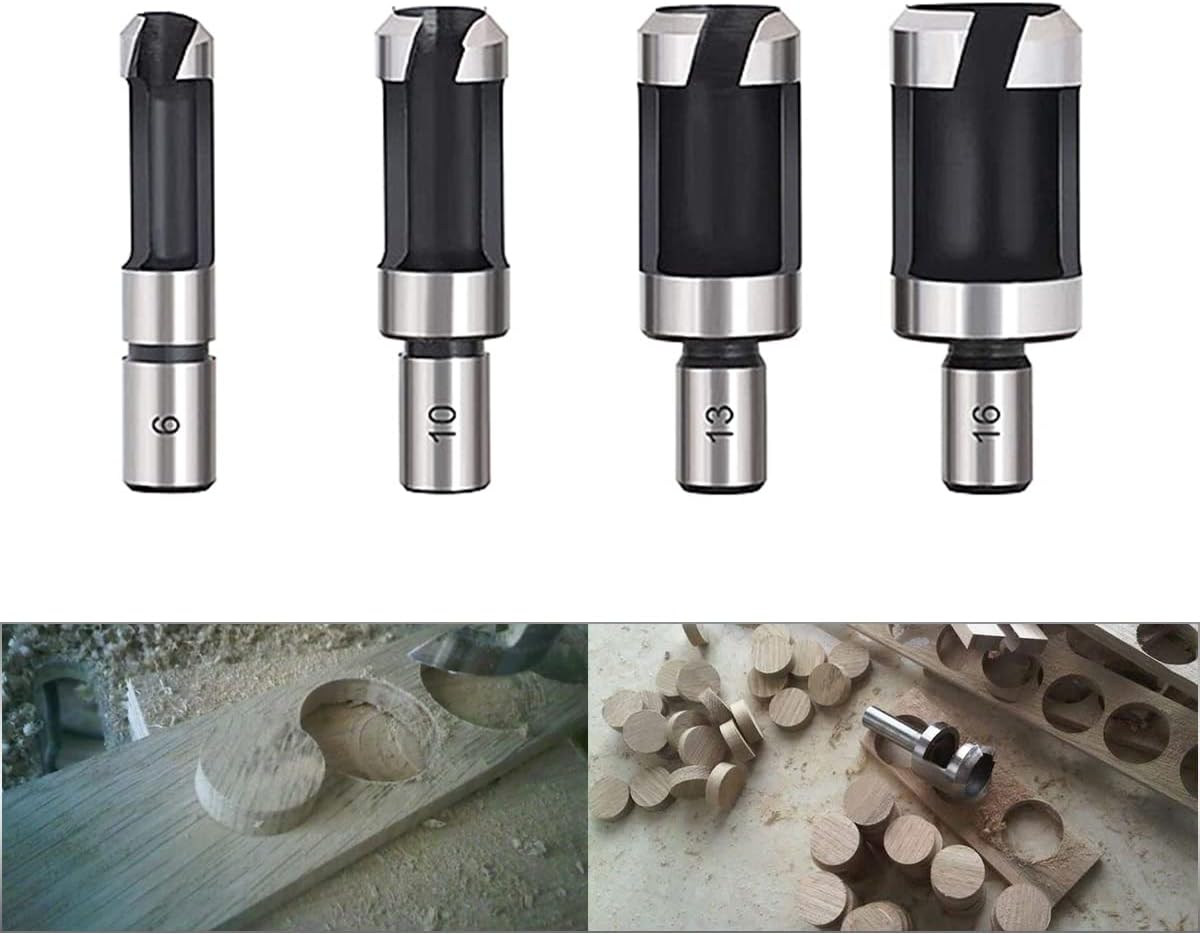 4pcs Carbon Steel Wood Plug Hole Cutter Drill Bits Set 1/4" 3/8" 1/2" 5/8" Cutting Dowel Power Woodworking Cork Hole Saw Tool Roundwood Wood Plug Tenon Drill Bit Set