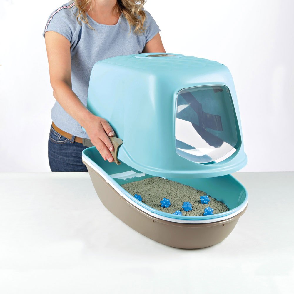 TRIXIE Bac à litière Berto Top - Couvercle avec porte et filtre à charbon actif - Tamis pour nettoyage facile - Fermetures Easy Click - gris clair/gris foncé - 39 × 42 × 59 cm - 40162