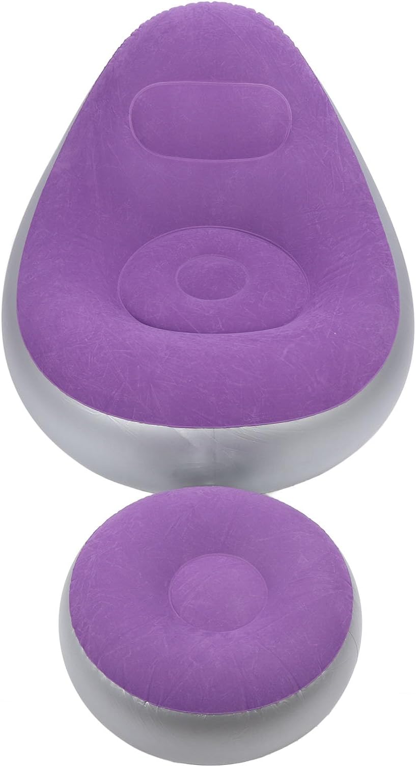 Inflatable Lounge Chair with Foot Stool PVC Flocking Folding Inflatable Couch Blow Up Lounger Sofa Chair for Rooms Camping Home Blue Thick Bottom and It and Materials PVC (Purple)