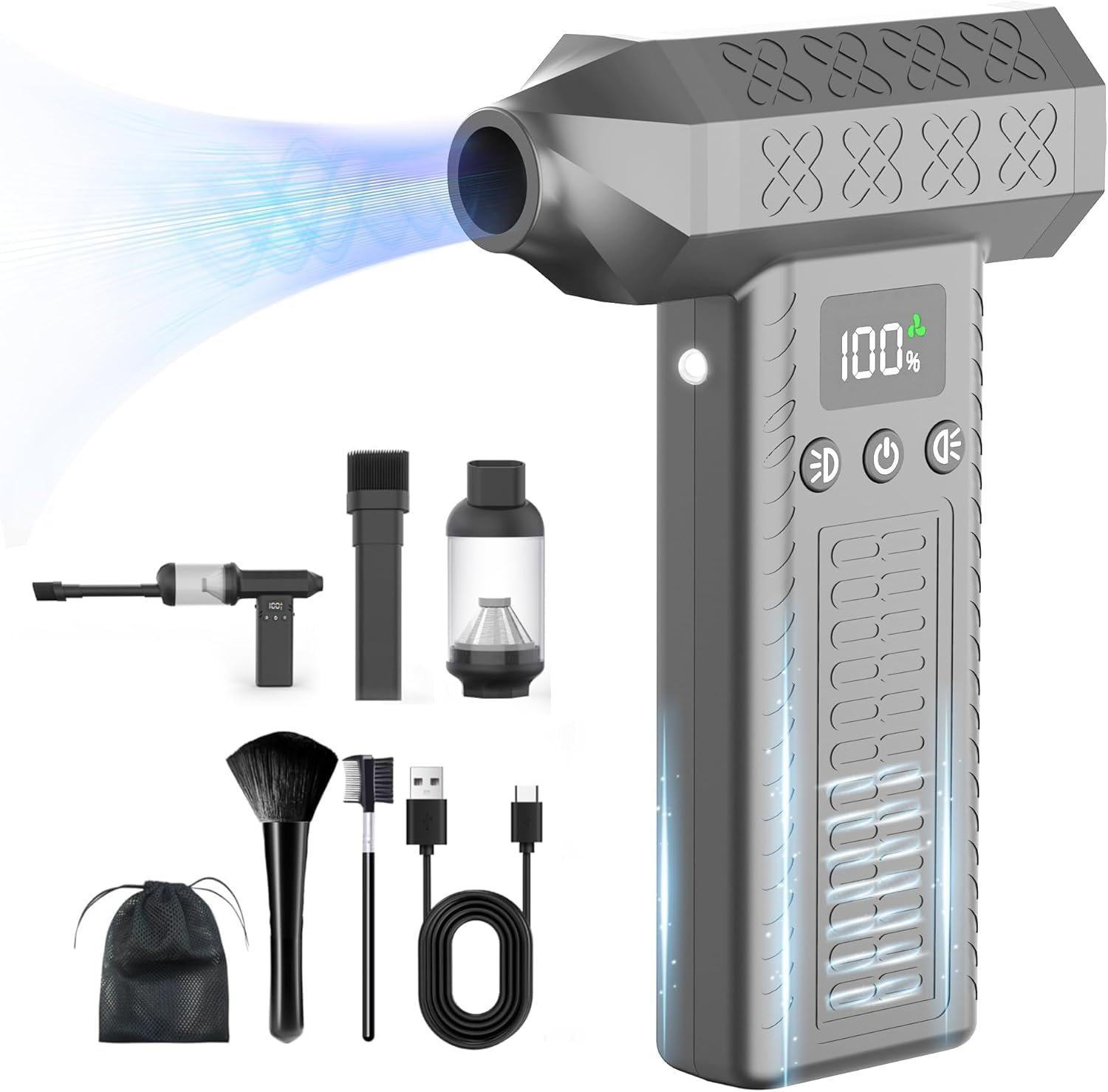 Spolverino ad aria compressa con display 300000RPM Kit di pulizia elettrico 3 marce Carica di tipo C regolabile Ricaricabile 10000Pa Aspirapolvere portatile per la pulizia della tastiera PC Auto