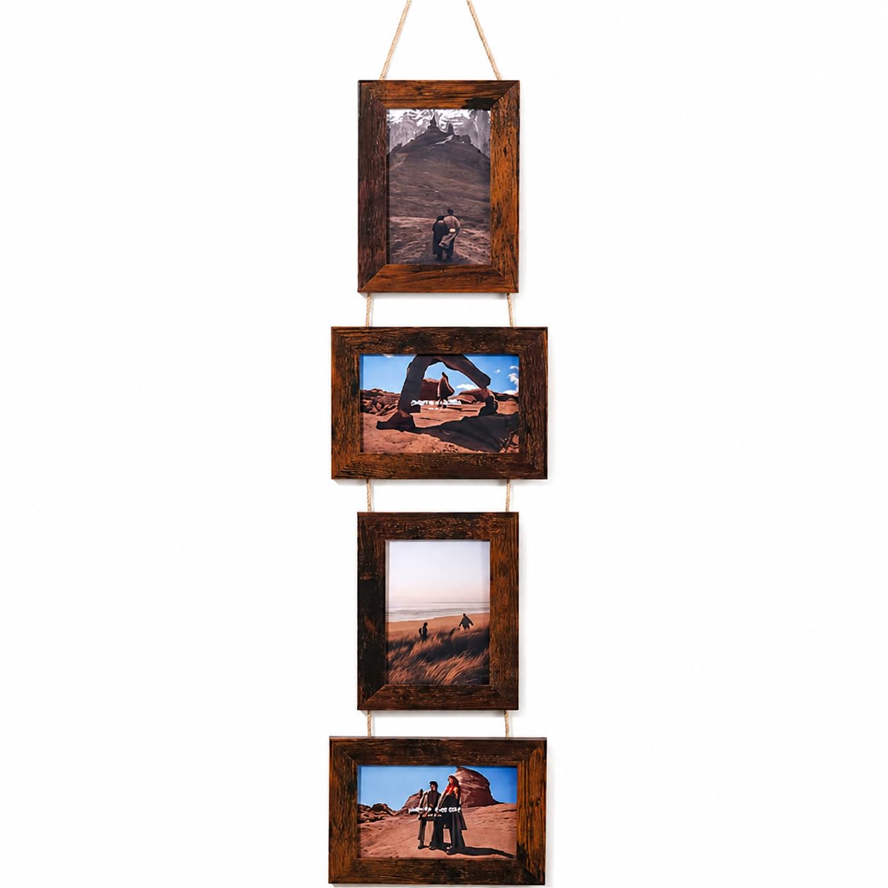 Hanging Photo Frame 6x4, Quadruple Collage Picture Frame with Twine, Vertical 4 Opening Wall Mounted Photo Display Frame for Living Room Bedroom Hallway Home Decor (Brown)